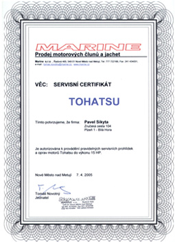 certifikát Tohatsu